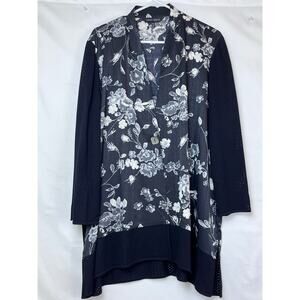 Ming Wang Women's Size XL Black Long Sleeve Floral Print Lightweight Topper